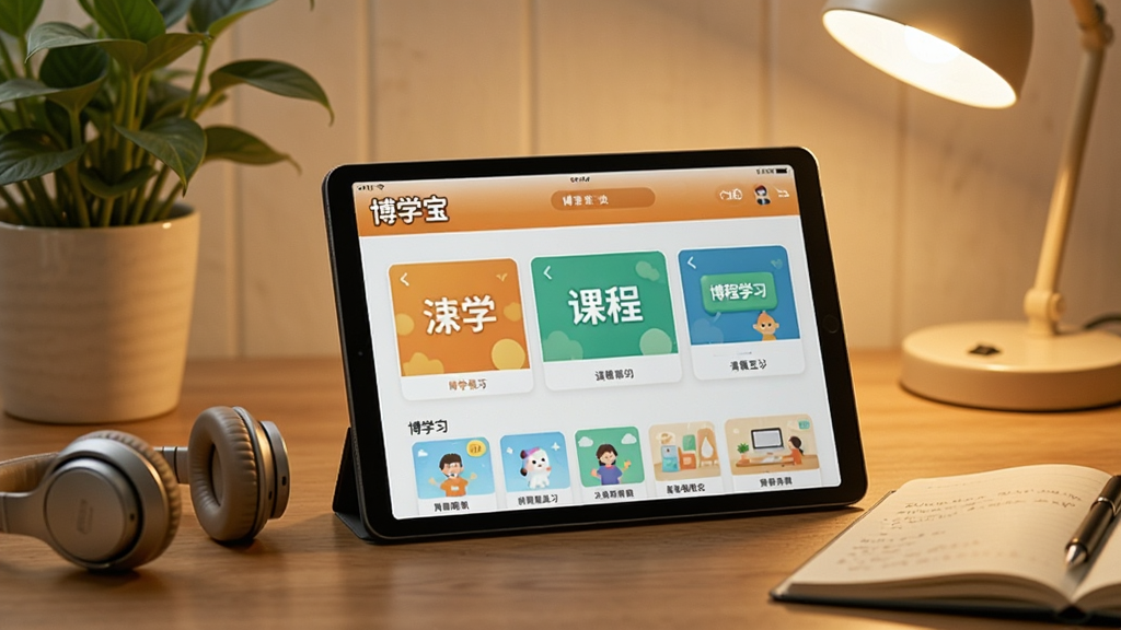 一张展示“博学宝”在平板电脑上运行的实拍场景图,画面中一台平板电脑横向放置在木质桌面上,屏幕上显示博学宝的课程学习页面,旁边放着一副耳机和一本打开的笔记本,背景有绿植和台灯,光线温暖,整体氛围安静舒适,画质清晰,干净,无多余元素
