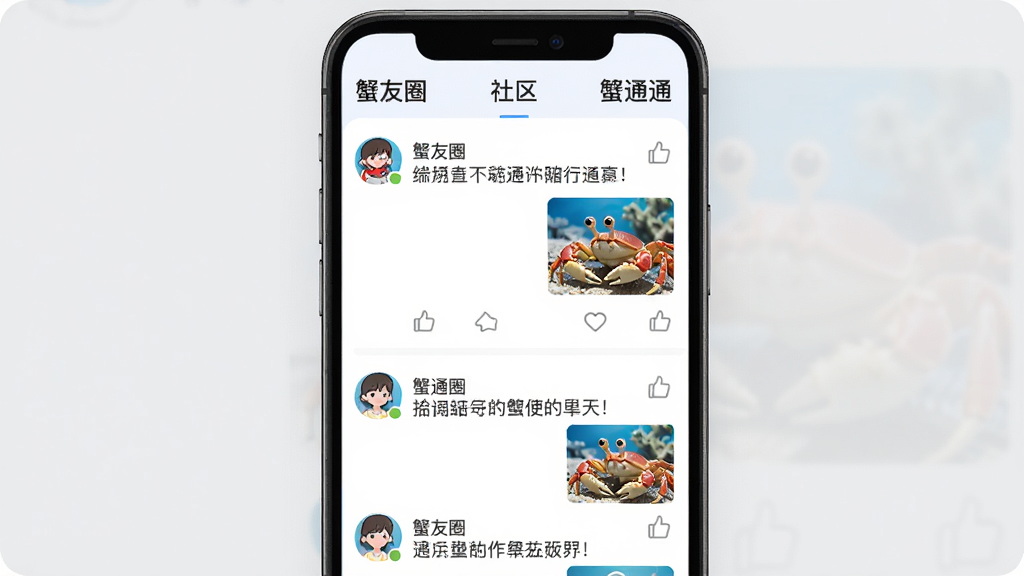 画面主体为蟹通通软件内社区界面,画面中显示多条用户动态,每条动态包含用户头像、文字描述和螃蟹图片,界面顶部有“蟹友圈”标题和“蟹通通”标识,布局为手机屏幕竖向排版,风格为现代社交应用UI设计,细节包括头像圆形、图片缩略图清晰、点赞图标简洁,画质高清干净,无多余元素