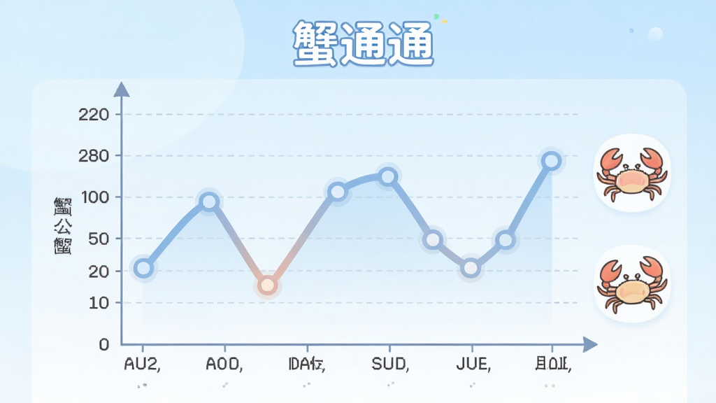 画面主体为蟹通通软件内价格行情页面截图风格的插画,画面中央是一张折线图,横轴标注月份,纵轴标注价格,折线上下浮动,图表旁有公蟹母蟹的简笔画图标,背景为淡蓝色渐变,布局上图表占据画面主体,上方有“蟹通通”文字标识,风格为扁平化数据可视化设计,细节包括坐标轴刻度清晰、数据点圆润、颜色柔和,画质高清干净,无多余元素