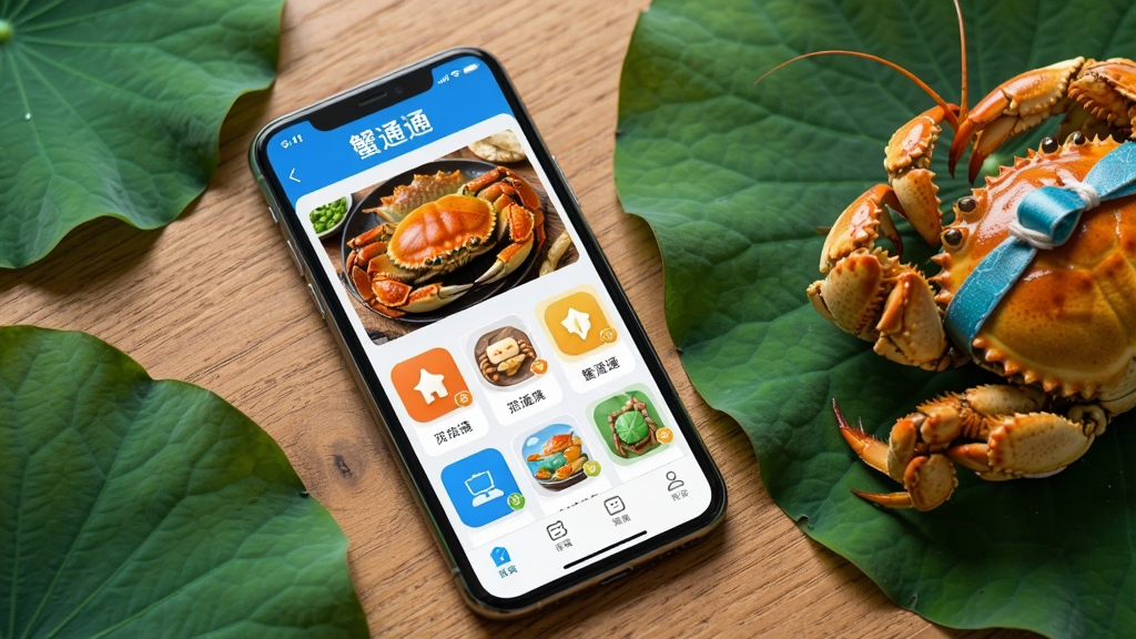 画面主体为一款智能手机,屏幕中显示着蟹通通应用的首页界面,界面上排列着大闸蟹图片和各类功能图标,手机放置在一张木质桌面上,旁边点缀着几片荷叶和一只绑好的大闸蟹,整体布局采用俯视微倾斜视角,排版以手机屏幕内容为视觉中心,风格为写实生活摄影,细节包括手机边框反光、桌面木纹清晰、大闸蟹色泽鲜亮、荷叶纹理自然,画质高清干净,无多余元素,图片中文字为“蟹通通”