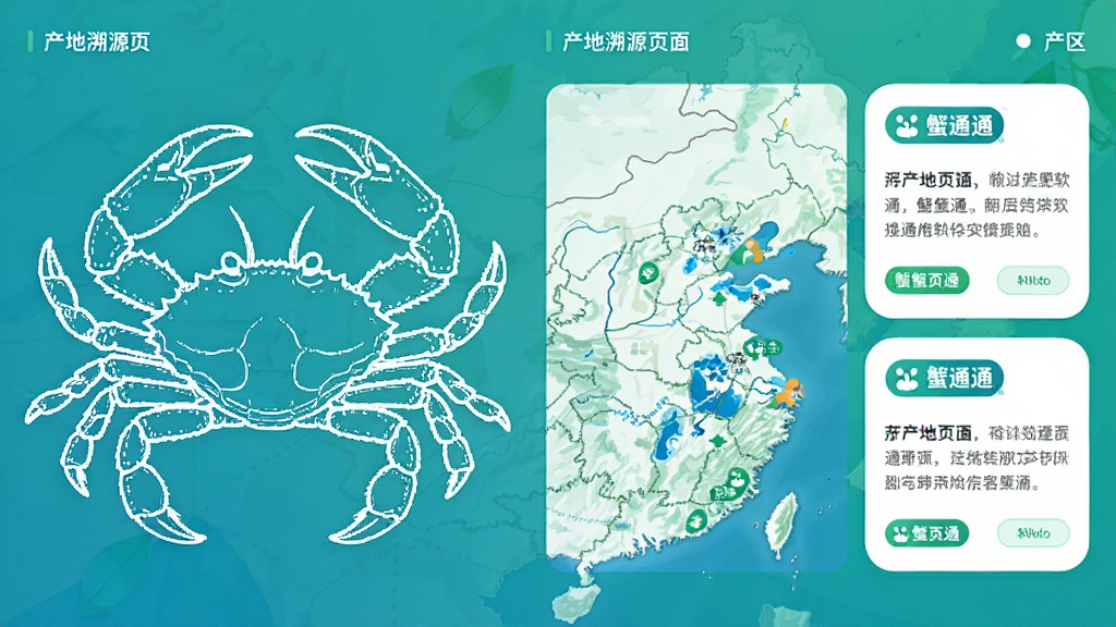画面主体为蟹通通软件内产地溯源页面,画面左侧为一只大闸蟹的线稿图,右侧为产区地图与文字介绍卡片,地图上标注了多个湖泊位置,卡片上有“蟹通通”标识,布局为左右分栏,风格为清新信息图设计,细节包括地图轮廓准确、卡片圆角柔和、配色以蓝绿为主,画质高清干净,无多余元素