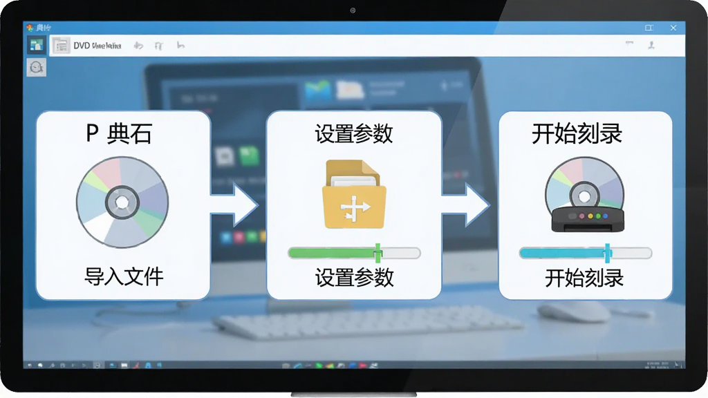 典石DVD新手操作流程图,主体为电脑屏幕展示软件操作步骤,布局为从左到右三个步骤框分别标注导入文件、设置参数、开始刻录,排版为横向流程排列带箭头连接,风格为扁平化信息图风格,细节包括光盘图标、文件图标、进度条元素,画质高清干净无多余元素