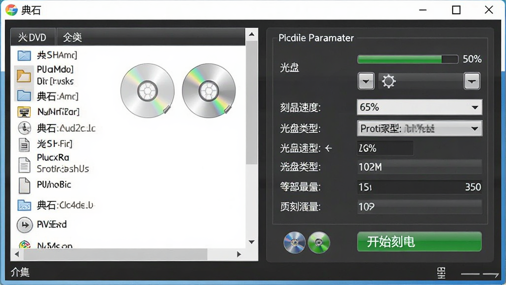典石DVD光盘刻录功能界面展示,主体为软件刻录设置窗口,布局为左右分栏左侧文件列表右侧刻录参数,排版包含刻录速度选择、光盘类型下拉菜单、开始刻录按钮,风格为专业工具软件界面风格,细节包括进度百分比显示、光盘图标、文件容量统计,画质高清干净无多余元素