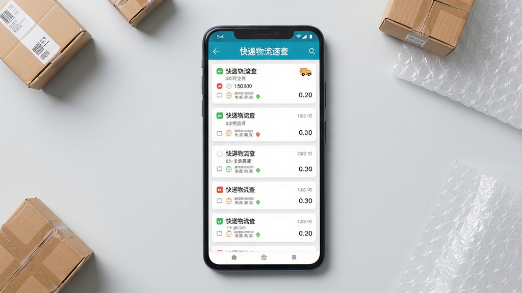 画面中央是一部竖屏安卓手机,手机屏幕上显示快递物流速查应用的物流轨迹列表界面,背景是简洁的浅灰色工作台面,周围散落着几个小型快递纸箱和气泡膜,整体采用清爽明亮的扁平化UI风格,手机屏幕内文字清晰可见
