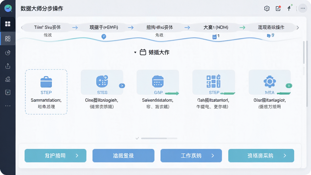 数据大师向导式操作界面图,主体为软件分步操作面板,布局为顶部步骤指示条与底部操作按钮,排版规整,风格为清爽浅色系,细节包含步骤图标、功能按钮、提示文字,画质高清,干净,无多余元素