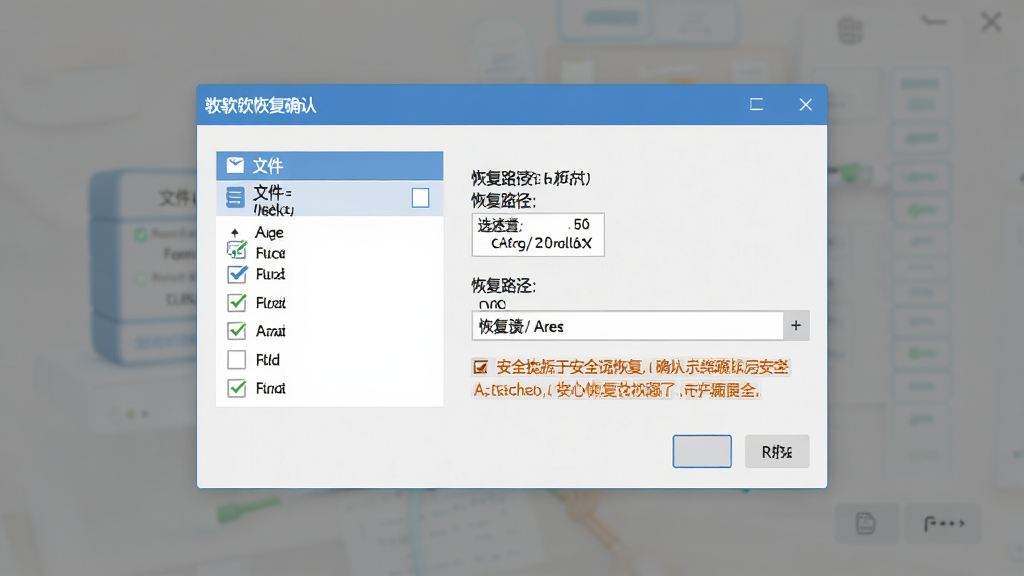 数据大师安全恢复操作示意图,主体为软件恢复确认弹窗,布局为居中对话框,排版简洁,风格为扁平化设计,细节包含文件勾选列表、恢复路径选择、安全提示文字,画质高清,干净,无多余元素