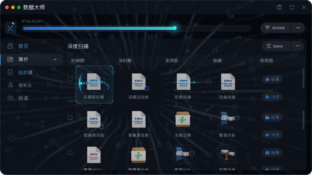 数据大师深度扫描功能演示图,主体为软件扫描界面,布局为上方进度条与下方文件列表,排版层次分明,风格为深色科技风,细节包含扫描动画、文件缩略图、筛选按钮,画质高清,干净,无多余元素