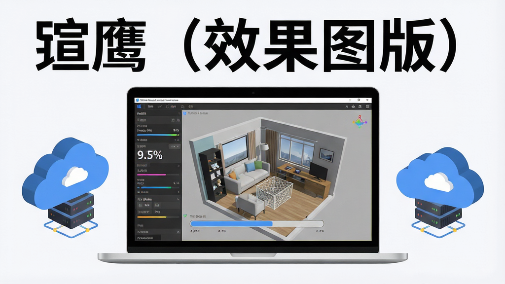 一张干净的软件下载站主图,画面中央是一台笔记本电脑,屏幕显示三维室内效果图渲染进度条,旁边有云朵形状的服务器图标,整体布局左中右对称,排版简洁,风格为现代扁平科技风,细节包括渲染参数面板、进度百分比、模型线框,画质为高清4K,画面干净,无多余元素,屏幕上方加粗文字“渲鹰(效果图版)”