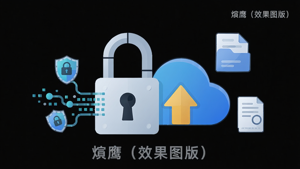 画面主体为安全锁与云存储图标组合,布局居中,排版简洁,风格为扁平化安全主题插画,细节包括加密数据流、盾牌、文件图标,画质高清,画面干净,无多余元素,图中文字“渲鹰(效果图版)”
