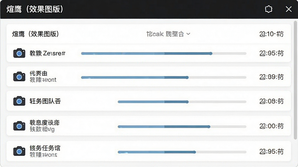 画面主体为软件任务队列面板,布局为垂直列表,排版整齐,风格为清爽界面截图风,细节包括多个渲染任务卡片、进度条、相机图标、时间标签,画质清晰,画面干净,无多余元素,界面标题文字“渲鹰(效果图版)”
