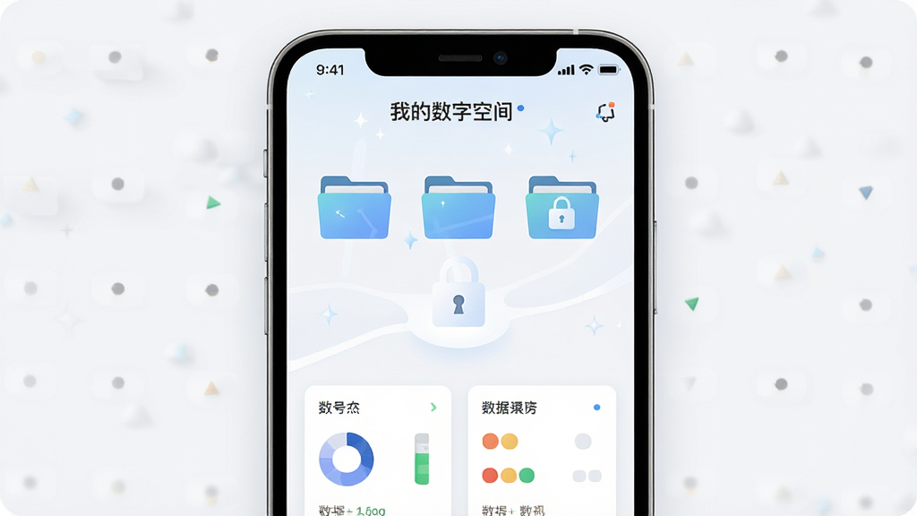 主体是一台智能手机屏幕,屏幕上显示“我的数字空间”软件界面,布局为居中展示,排版简洁清晰,风格为现代科技感扁平化设计,细节包括文件夹图标、锁形安全标识、数据分类卡片,画质高清,画面干净,无多余元素