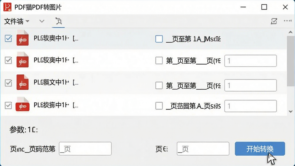 画面展示PDF猫PDF转图片软件的工作界面截图,重点突出批量文件列表和页码范围输入框。界面中排列着多个PDF文件条目,每个条目旁有复选框,下方有“第__页至第__页”的输入区域。排版采用上下结构,上方为文件列表,下方为参数设置区。风格为扁平化UI设计,配色以白色和浅灰色为主。细节处可见鼠标指针悬停在“开始转换”按钮上。画质清晰,干净,无多余元素。