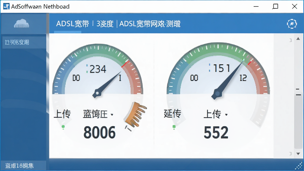 一张干净的软件主界面截图,主体居中显示ADSL宽带网络测速工具的运行窗口,窗口内包含下载速度、上传速度、延迟测试等仪表盘数据,布局简洁清晰,采用扁平化科技风格,细节上使用蓝色与白色为主色调,画质高清,干净无多余元素