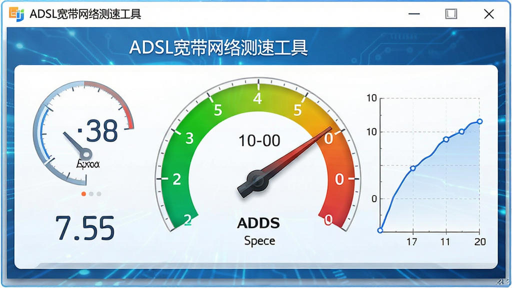 AI生成一张展示ADSL宽带网络测速工具测速过程的图片,主体是软件界面中下载速度指针指向高速区域,布局为软件窗口居中,排版包含速度数值和曲线图,风格为现代科技感,细节上带有