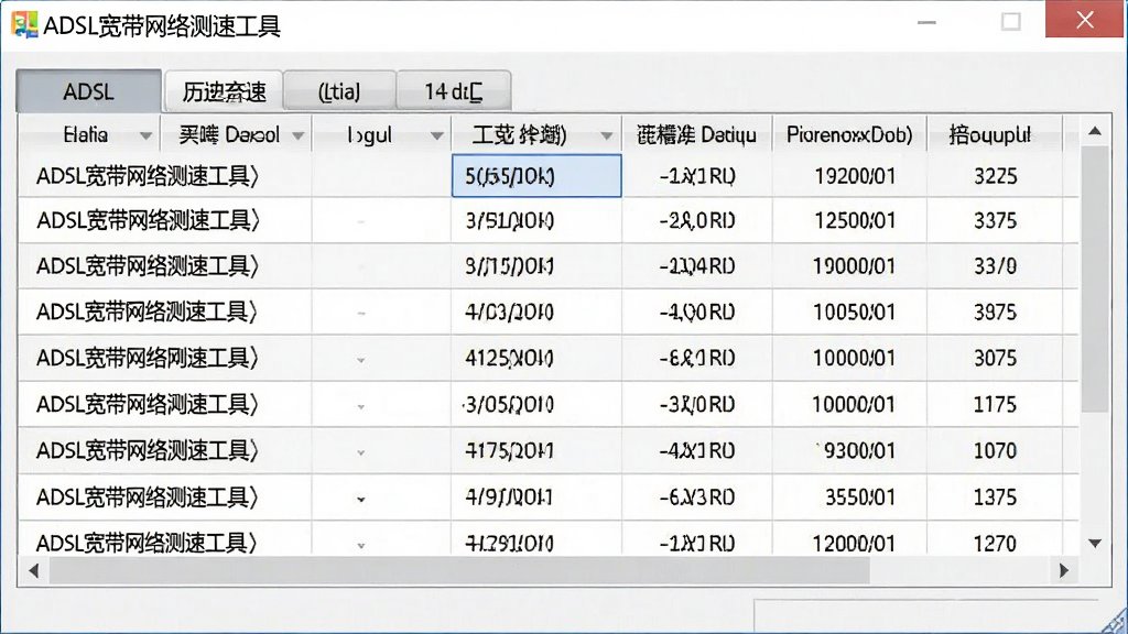 AI生成一张ADSL宽带网络测速工具历史记录界面的图片,主体是软件窗口内显示多条测速记录列表,布局为表格形式,排版整齐,风格简约商务,细节上带有