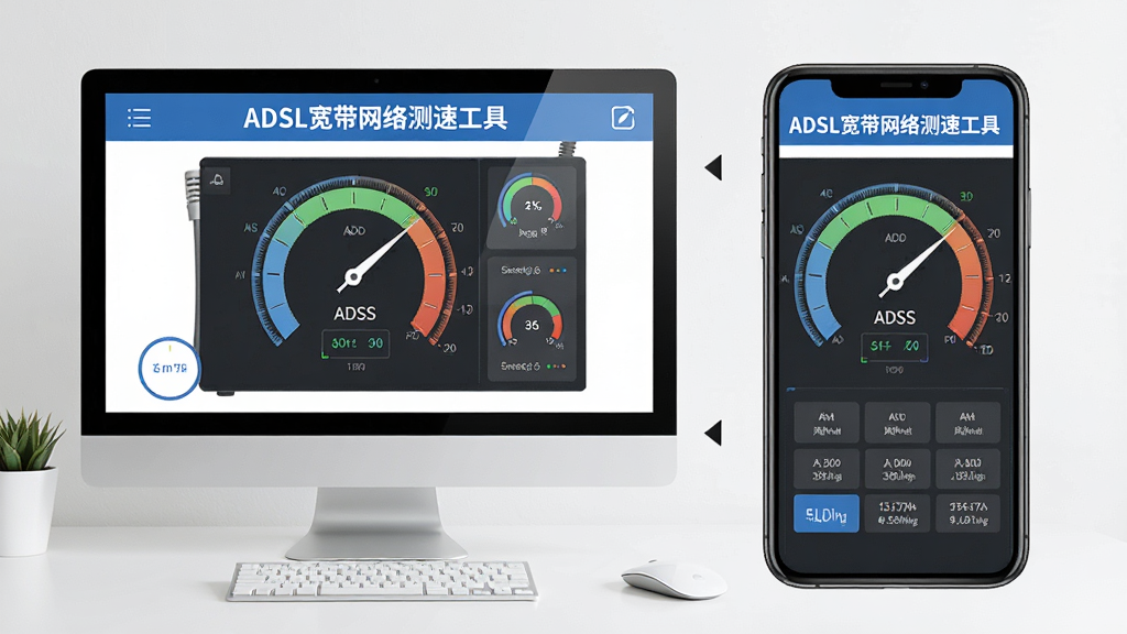 AI生成一张ADSL宽带网络测速工具在电脑和手机双端同时运行的场景图,主体是电脑屏幕和手机屏幕分别显示测速界面,布局为左右并列,排版清晰,风格现代简约,细节上屏幕中带有