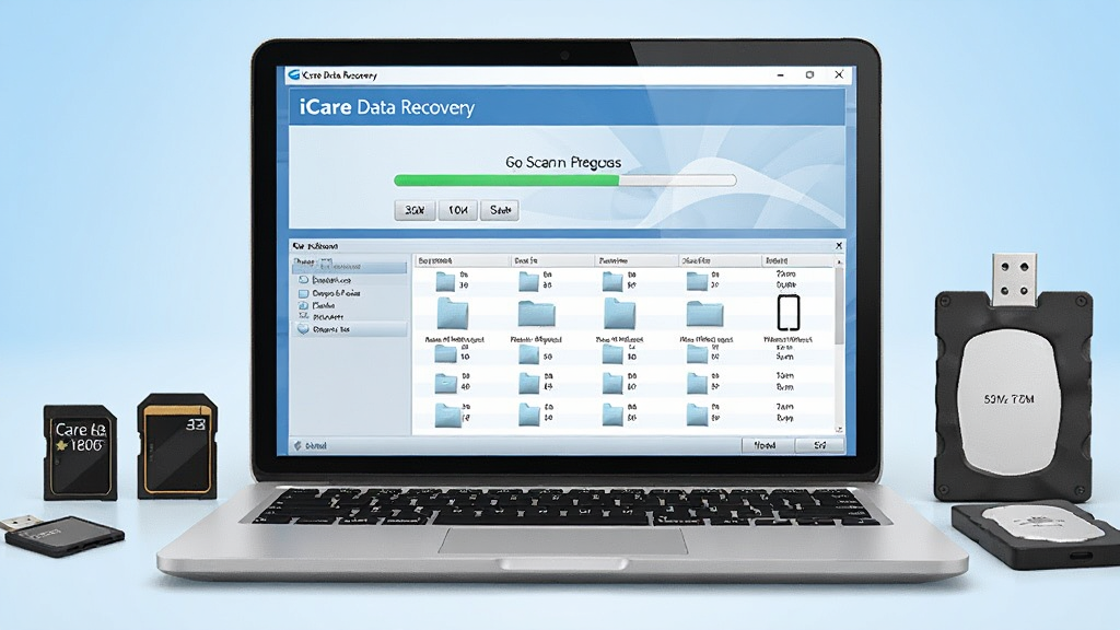 һ��չ�����ݻָ������ͼƬ������������һ̨�򿪵ıʼǱ����ԣ���Ļ����ʾ�� iCare Data Recovery �������棬��������ɨ����������ļ��б���������Χɢ����SD����U�̡��ƶ�Ӳ�̵ȴ洢�豸�������Ǹɾ���ǳ��ɫ���䣬����������רҵ��ϸ�ڷḻ�����ʸ��壬�޶���Ԫ��
