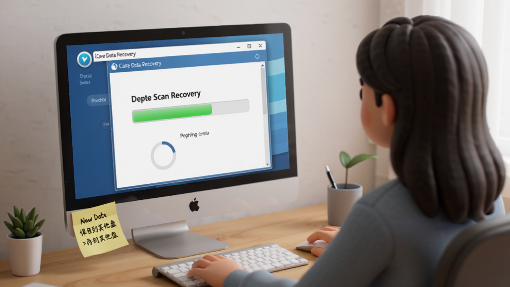 һ��չʾ iCare Data Recovery ���ֲ���������ͼƬ��������һλ�û����ڵ���ǰ����Ļ����ʾ�� iCare Data Recovery �����ɨ����Ƚ��棬�Ա��б�ǩֽд�Ų�Ҫд�������ݡ����浽�����̵���ʾ���������࣬������ͣ����дʵ�������������޶���Ԫ��