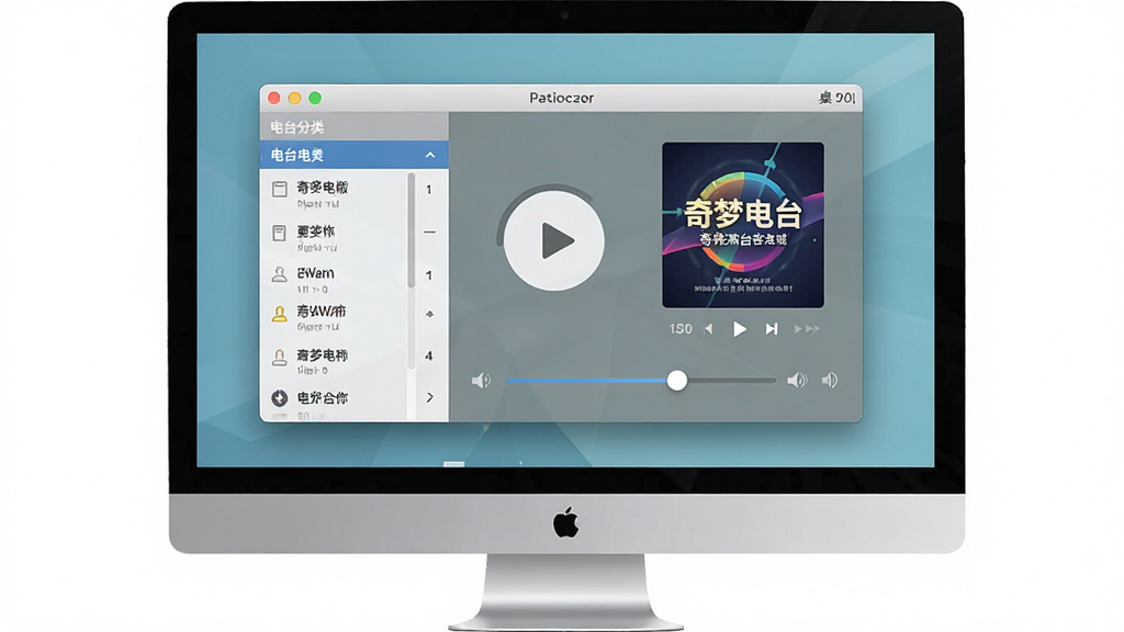 一张奇梦电台 桌面版软件主界面截图,主体为电脑屏幕中央显示电台播放器窗口,布局左侧为电台分类列表右侧为播放控制区,排版简洁清晰,风格为现代扁平化设计,细节包括播放按钮、音量滑块、节目封面图,画质高清干净无多余元素