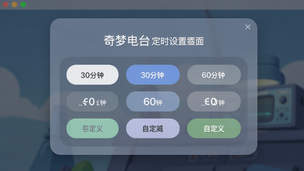 奇梦电台 桌面版定时设置界面图,主体为软件弹窗中的定时关闭设置面板,布局居中显示时间选项按钮,排版上方为标题下方为时间选择区域,风格为柔和圆角设计,细节包括30分钟、60分钟、自定义等按钮,画质高清干净无多余元素