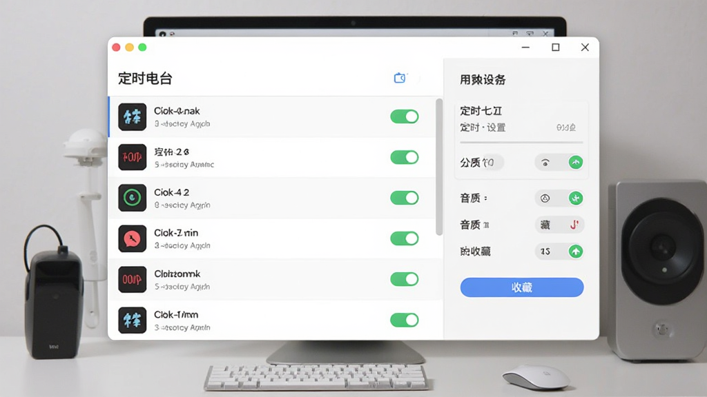 奇梦电台 桌面版使用技巧示意图,主体为电脑桌面上的软件窗口和设置菜单,布局左侧为电台列表右侧为设置面板,排版清晰展示各项功能开关,风格为现代简约风格,细节包括定时设置、音质选择、收藏按钮等元素,画质高清干净无多余元素