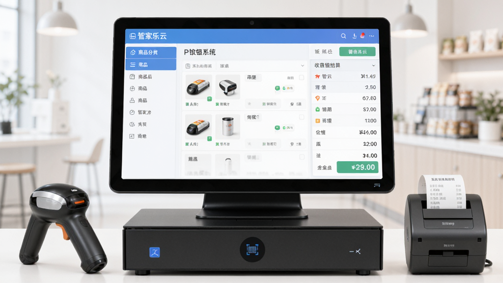软件主界面全景展示,画面中央为管家乐云POS收银系统操作界面,左侧为商品分类导航栏,右侧为收银结算区域,屏幕上显示商品列表与金额合计,整体布局清晰、色彩柔和,风格为现代商务科技风,细节包括扫码枪、小票打印机等外设,画质高清,干净整洁,无多余元素