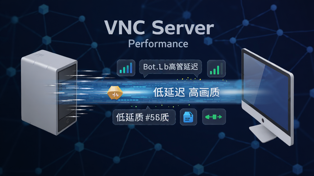 一张表现VNC Server高性能低延迟特性的图片,画面中一条数据流从一台电脑快速传输到另一台电脑,数据流上标注着低延迟、高画质等字样,背景是抽象的网络拓扑图,风格为动态科技感,细节包括速度线、数据包图标、信号强度指示,画质高清,干净,无多余元素