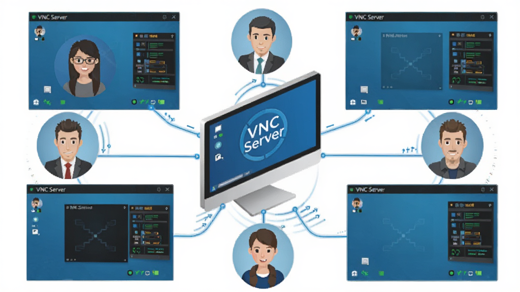 一张展示VNC Server多用户并发连接功能的图片,画面中一台中心电脑周围有多个用户头像通过连接线接入,每个用户面前都有一个独立的桌面窗口,布局为环形结构,风格为商务科技插画,细节包括用户状态图标、会话窗口缩略图、连接质量指示,画质高清,干净,无多余元素