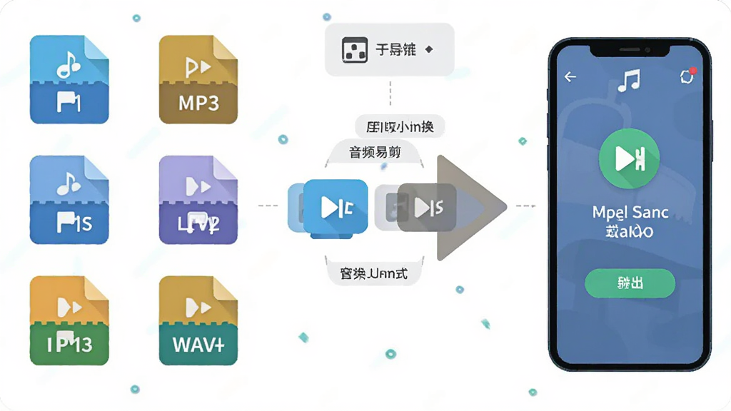 一张信息图风格的插画,展示“音频易剪”的格式转换功能,左侧是多种音频格式图标,中间是转换箭头,右侧是手机导出成功的界面,布局为横向流程式,风格为清新扁平化,细节上标注MP3、WAV等字样,画质干净明亮,无多余装饰。