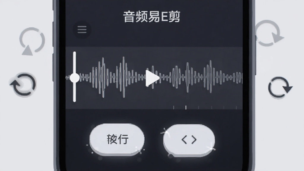 手机界面截图风格插画,展示“音频易剪”的实时预览功能,屏幕上有播放头在波形上移动,底部有撤销和重做按钮,周围有回旋箭头图标,风格为现代简约,细节上突出按钮的触感反馈,画质清晰,背景为浅灰色,无多余元素。