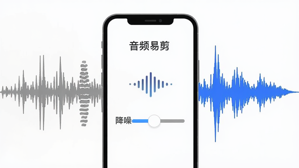 插画展示“音频易剪”的降噪功能,手机屏幕中央有降噪滑块和声波图标,背景有被削弱的灰色噪音波形和增强后的蓝色清晰波形对比,风格为科技感扁平风,细节上体现降噪前后的视觉差异,画质干净,无多余文字。