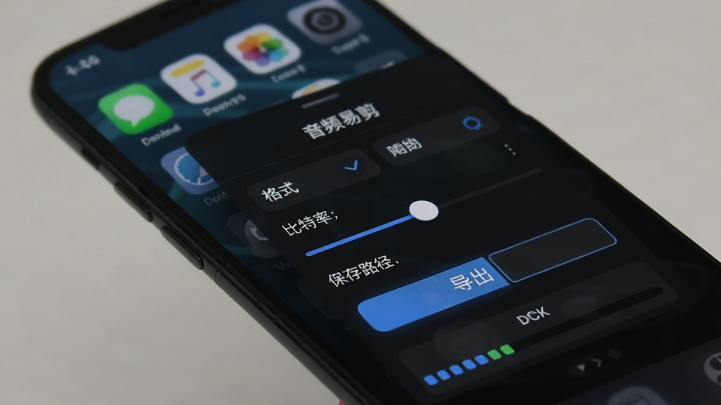 手机屏幕显示“音频易剪”的导出设置界面,包含格式选择、比特率滑块和保存路径输入框,界面风格为深色主题,细节上突出“导出”按钮和进度条,画质清晰,背景为手机桌面模糊效果,无多余元素。