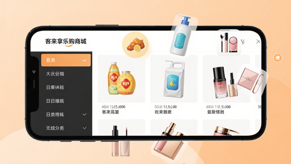 一部手机屏幕显示“客徕拿乐购”商城分类页面,左侧为分类导航,右侧为商品网格,画面中有食品、日用品、美妆等图标元素漂浮,背景为淡橙色渐变,风格简洁现代,画质干净清晰