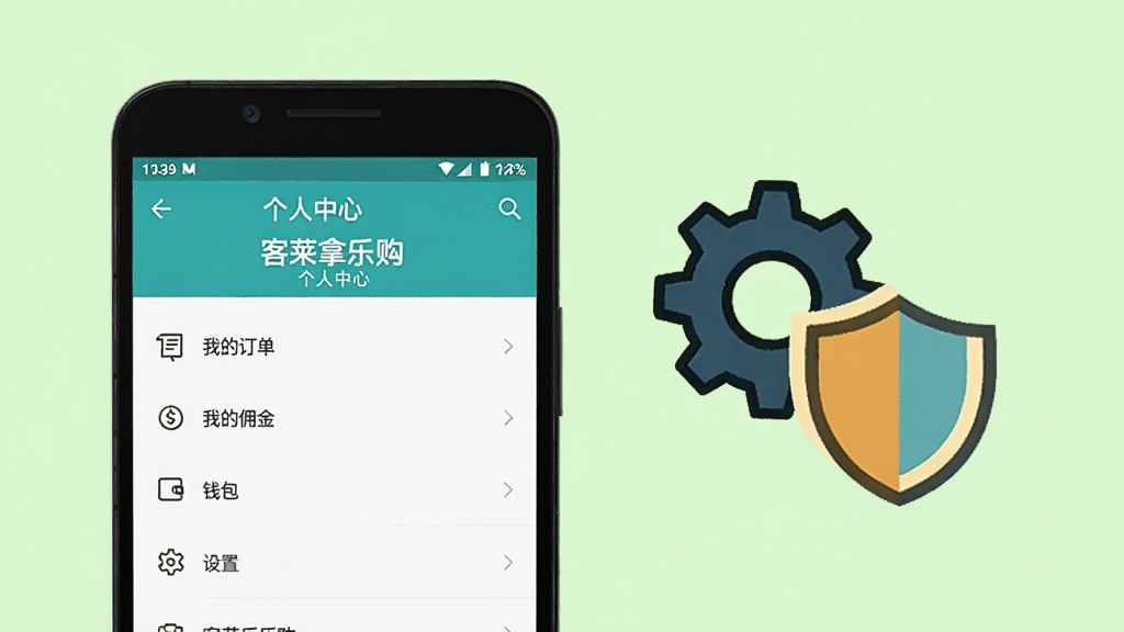 一部安卓手机屏幕显示“客徕拿乐购”个人中心页面,页面中有“我的订单”“我的佣金”“钱包”“设置”等菜单项,手机旁边有齿轮和盾牌图标,背景为浅绿色,风格简洁,画质清晰,无多余元素