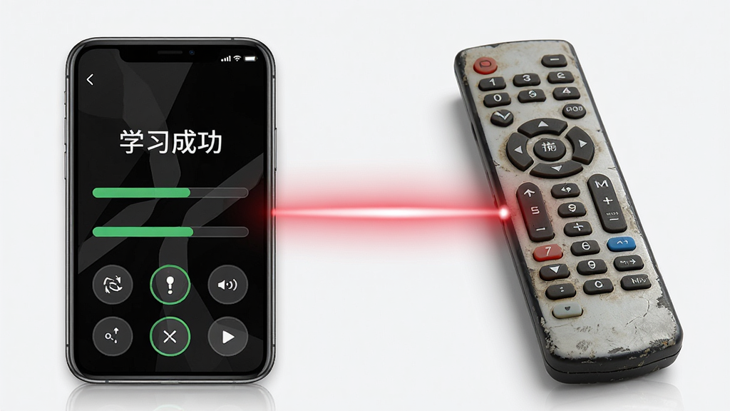 一张表现遥控小精灵智能学习功能的生图,画面左侧是一部手机,右侧是一个传统遥控器,两者之间有一道红外光束连接,手机屏幕上显示“学习成功”字样,布局为左右对比式,排版简洁,风格为写实科技风,细节上手机界面有进度条和按键图标,遥控器有磨损质感,画质高清,干净,无多余元素。