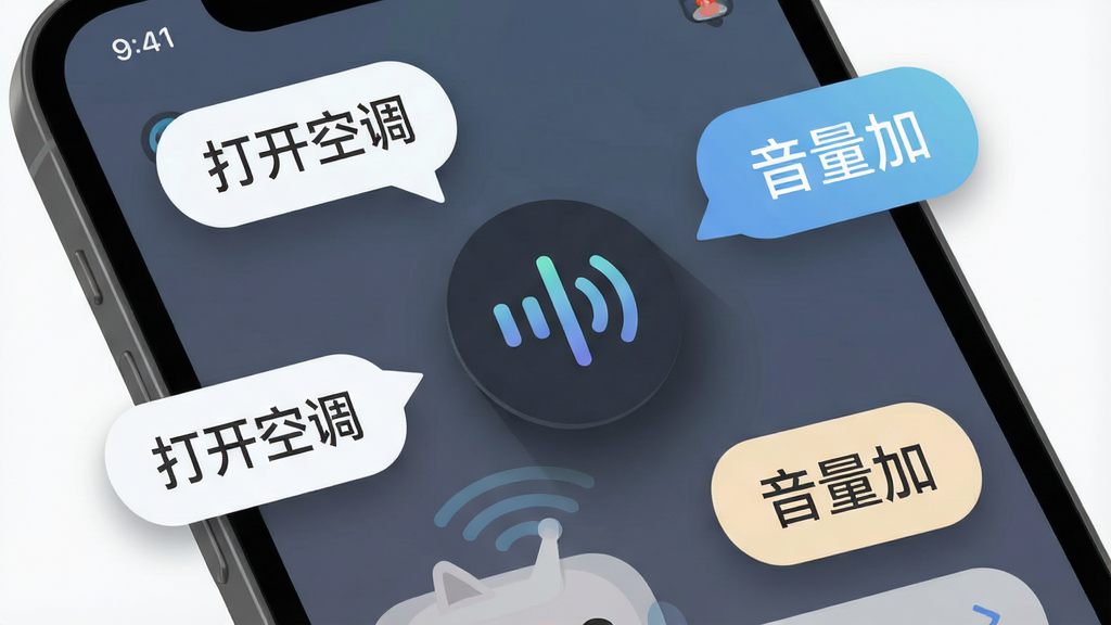 一张表现遥控小精灵语音控制和悬浮球功能的生图,画面主体是手机屏幕,屏幕上有一个悬浮球图标和语音波纹,周围有“打开空调”“音量加”等文字气泡,布局为手机界面特写,排版突出悬浮球和语音交互,风格为现代UI扁平风,细节上气泡有圆角,悬浮球有阴影,画质高清,干净,无多余元素。
