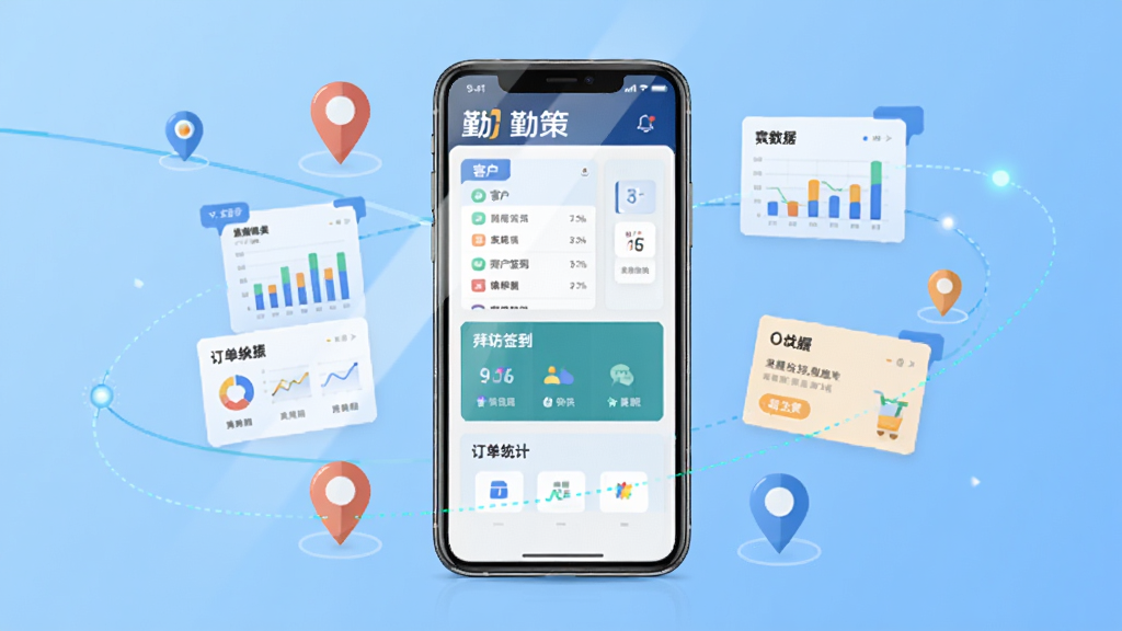 画面中央展示一部智能手机,屏幕上显示勤策软件的主界面,包含客户列表、拜访签到、订单统计等模块,手机周围环绕定位图标、数据图表、订单卡片等元素,布局采用居中放射状排版,风格为扁平化商务科技风,细节上手机屏幕有轻微反光,背景为浅蓝色渐变,画质清晰干净,无多余元素,图中文字标注“勤策”