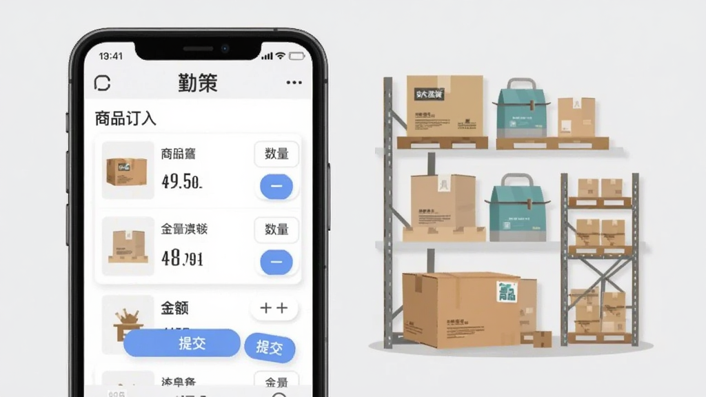 手机屏幕展示勤策订单录入界面,包含商品列表、数量加减按钮、金额合计与提交按钮,手机旁放置商品包装盒与库存货架元素,布局为左手机右货架,风格为简洁扁平化,细节上订单金额数字清晰可见,背景为浅灰色,画质干净无多余元素,图中文字标注“勤策”