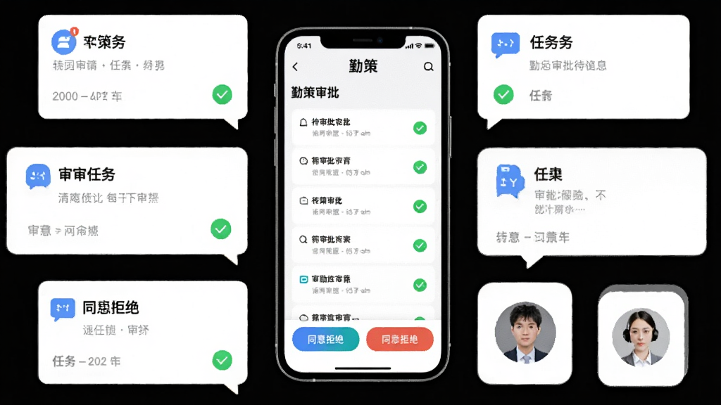 手机屏幕展示勤策审批界面,包含待审批列表与同意拒绝按钮,手机周围环绕任务卡片、消息气泡与团队头像图标,布局为手机居中,图标环绕四周,风格为轻量商务风,细节上审批状态用绿色对勾标识,背景为白色,画质干净,图中文字标注“勤策”