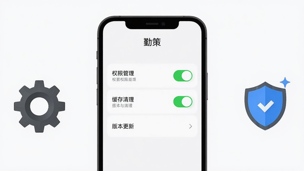 手机屏幕显示勤策设置页面,包含权限管理、缓存清理与版本更新选项,手机旁放置齿轮图标与盾牌安全图标,布局为手机居中,图标左右分布,风格为简约工具风,细节上权限开关用绿色高亮,背景为浅色,画质干净无多余元素,图中文字标注“勤策”