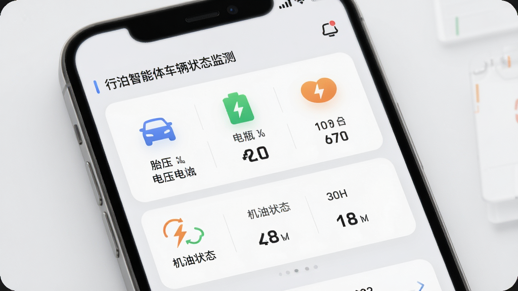 行泊智能体车辆状态监测页面,手机屏幕展示车辆健康报告卡片,包含胎压、电瓶电压、机油状态等图标与数值,背景为浅灰色简约风格,排版整齐,细节精致,画质高清,干净无多余元素
