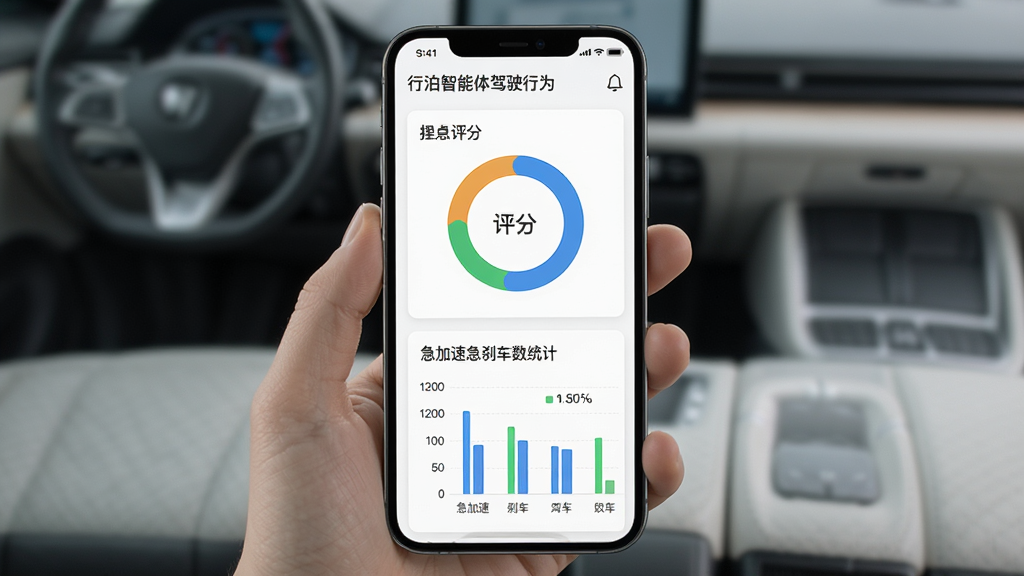 行泊智能体驾驶行为分析报告界面,手机竖屏显示评分环形图与急加速急刹车次数统计柱状图,背景为白色卡片式布局,风格清新简洁,排版清晰,细节丰富,画质高清,干净无多余元素