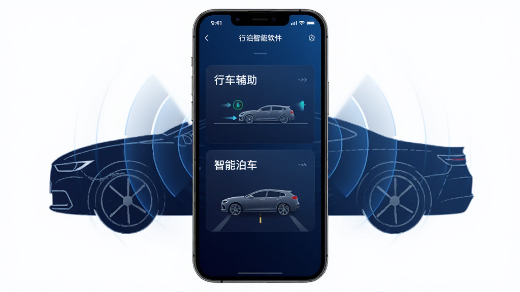 行泊智能体软件主界面预览,手机屏幕居中显示,界面包含行车辅助与智能泊车两大功能模块,背景为深蓝色科技渐变风格,屏幕周围环绕简约的汽车轮廓线条与雷达波纹元素,整体排版简洁清晰,风格现代科技感,细节精致,画质高清,干净无多余元素