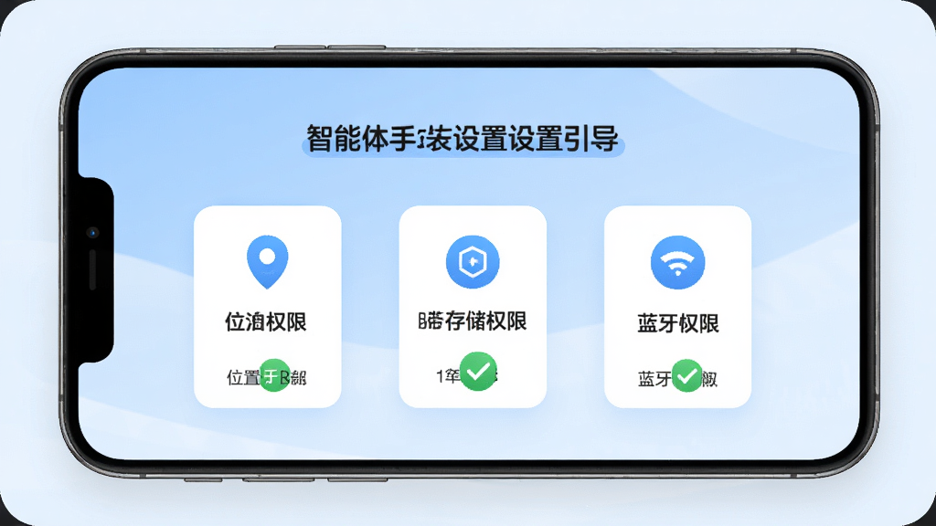 行泊智能体新手安装设置引导页面,手机屏幕展示权限开启步骤与蓝牙连接示意图,画面包含位置权限、存储权限、蓝牙权限三个图标与勾选状态,背景为浅蓝色渐变,风格简洁友好,排版清晰,细节精致,画质高清,干净无多余元素
