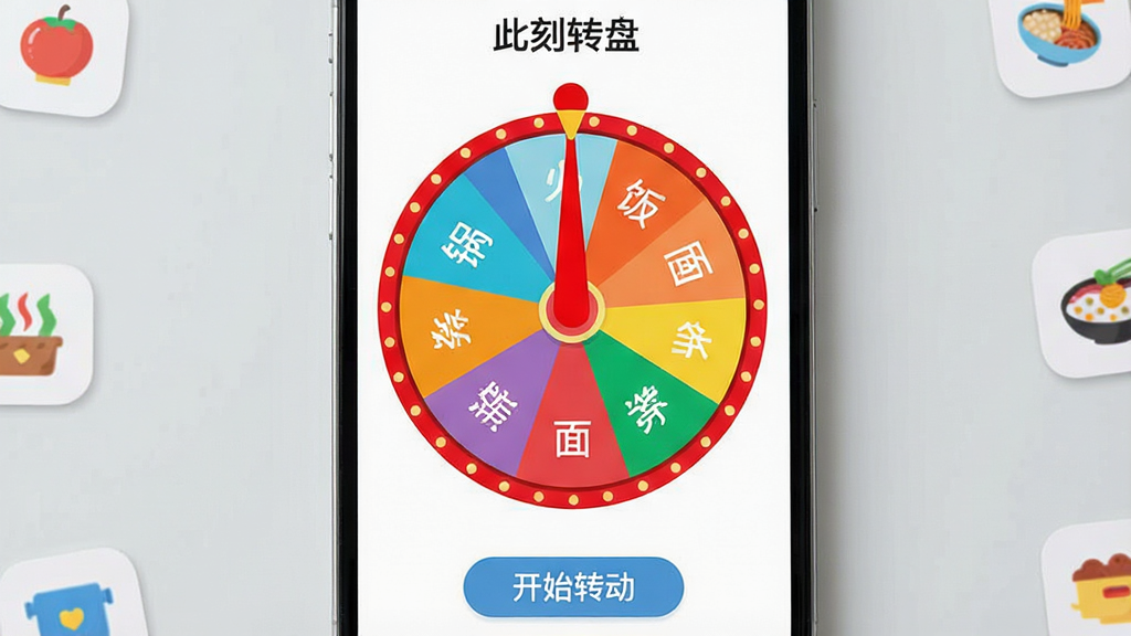 一张展示手机屏幕的图片,画面中央是“此刻转盘”应用的主界面,一个色彩鲜艳的圆形转盘占据屏幕主要位置,转盘被均匀分成多个扇形区域,每个扇区内写有“火锅”“烧烤”“面条”“炒饭”等选项文字,转盘顶部有一个红色指针,界面底部有“开始转动”按钮,手机背景为浅灰色桌面,周围散落几个小图标点缀,整体风格清新明快,布局简洁,画质干净清晰,无多余元素。