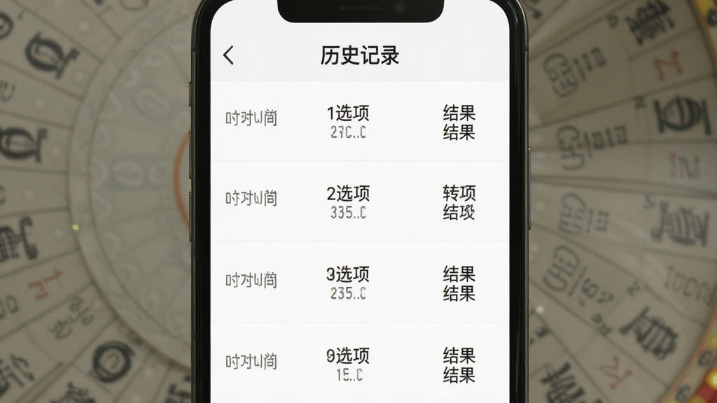 一张展示“此刻转盘”历史记录页面的图片,手机屏幕上以列表形式展示多条转动记录,每条记录包含时间、选项内容和结果文字,列表背景为白色,文字为深灰色,顶部有“历史记录”标题,整体布局清爽,风格简洁,画质清晰,无多余元素。