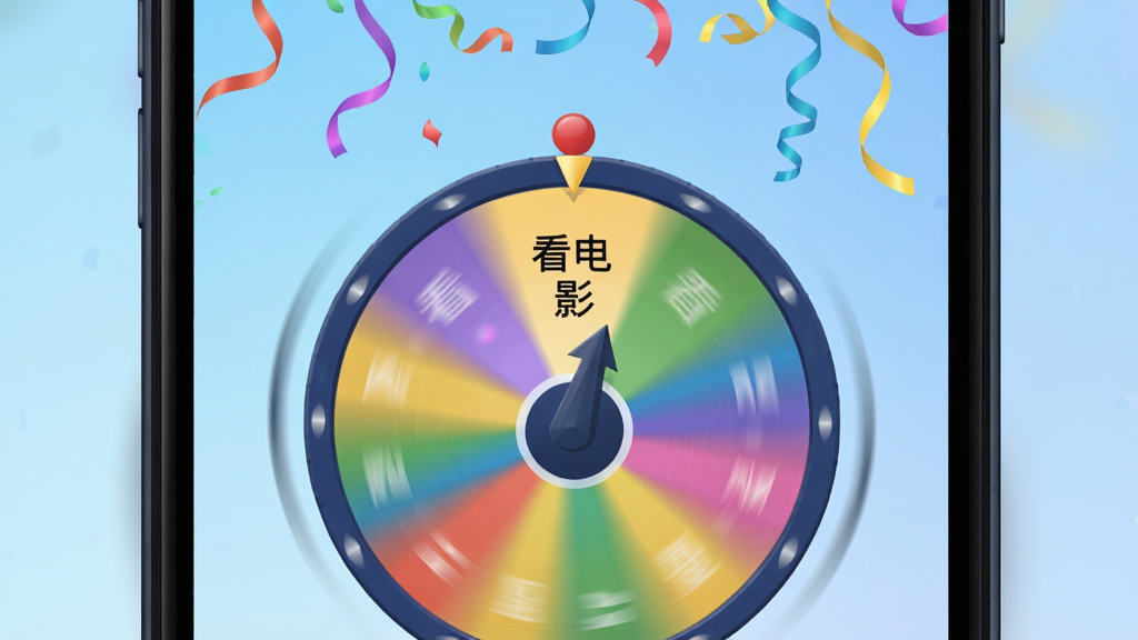 一张手机应用界面截图风格的图片,画面展示“此刻转盘”正在旋转的瞬间,圆形转盘带有动态模糊效果,指针指向一个写着“看电影”的扇形区域,屏幕上方有彩带飘落的小装饰,手机外壳为深色边框,背景是柔和的渐变蓝色,整体风格活泼动感,布局居中,画质清晰干净,无多余元素。