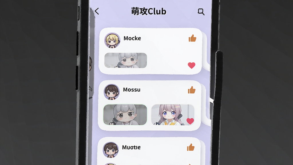 一个虚拟的手机屏幕显示萌攻Club动态广场页面,页面中有多条图文动态卡片,每张卡片上有可爱的头像和点赞图标,背景是淡紫色渐变,风格简约清新,画质清晰,干净无多余元素,页面顶部文字“萌攻Club”