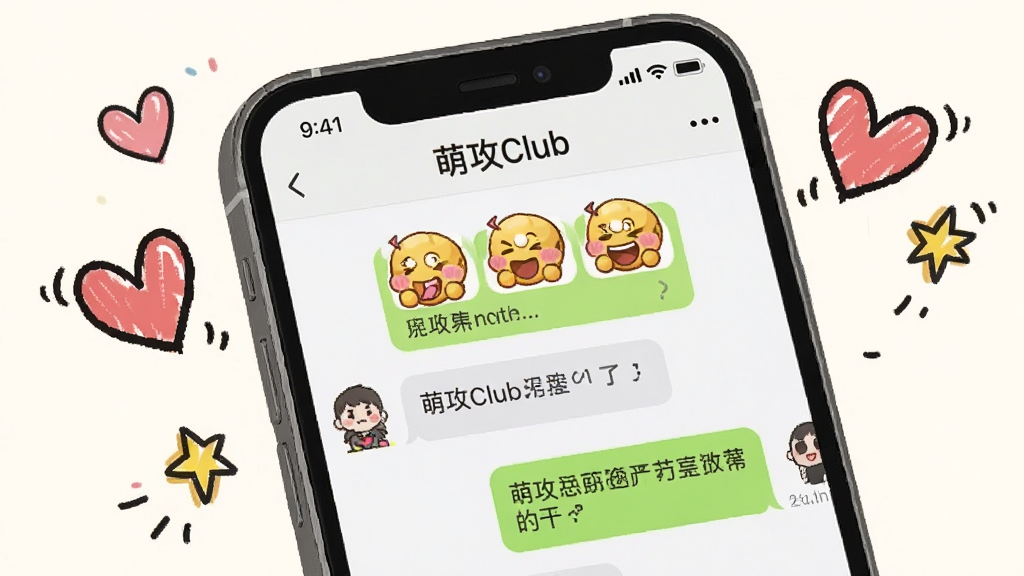 一部手机屏幕特写,显示萌攻Club聊天界面,有可爱的表情包和文字消息,屏幕周围有卡通手绘风格的爱心和星星飞出,背景简洁,突出手机屏幕内容,风格活泼,画质清晰,干净无多余元素,屏幕中文字“萌攻Club”