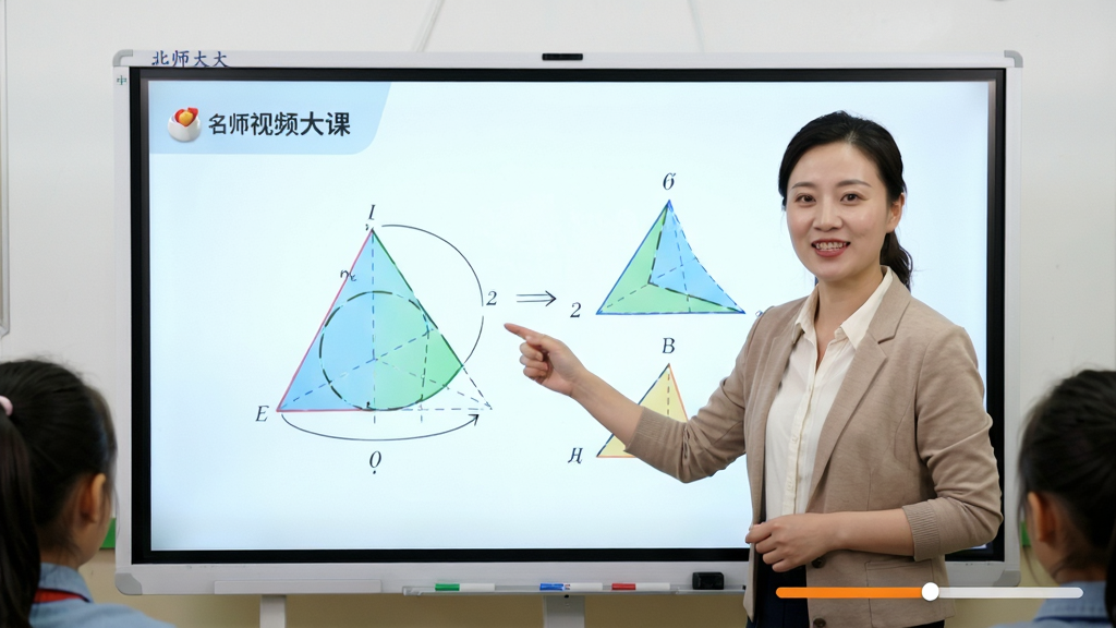 小学同步课堂北师大版名师视频精讲画面,一位亲切的老师在电子白板前讲解北师大版数学课程,屏幕上有动态几何图形演示,画面右下角有课程进度条,风格专业且活泼,画质清晰,干净,无多余元素